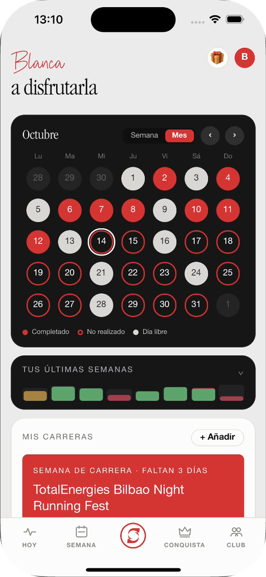La pantalla de inicio de la app de Sporty
